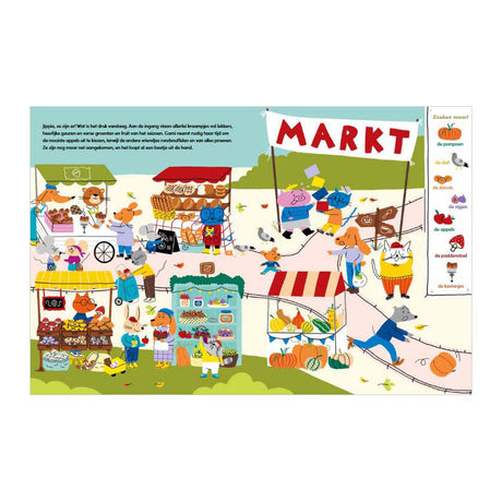 Centraal boekhuis samen naar de markt in de herfst prentenboek