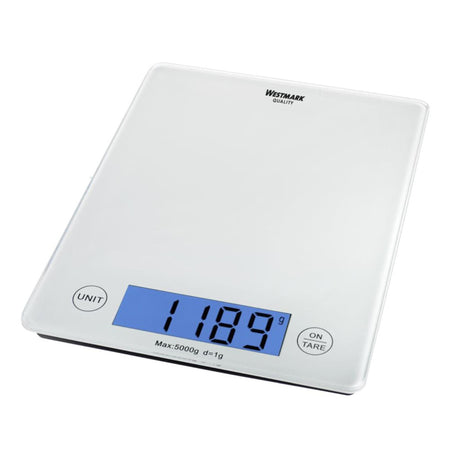 Westmark Digitale Küchenwaage mit Tara-Funktion, Wiegebereich bis 5 kg, Wiegefläche aus Glas, 23 x 18 x 1,8, Milchglas, Eleganz, weiß transparent, 30332260