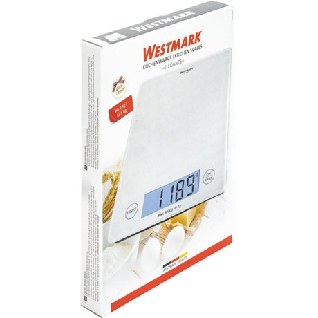 Westmark Digitale Küchenwaage mit Tara-Funktion, Wiegebereich bis 5 kg, Wiegefläche aus Glas, 23 x 18 x 1,8, Milchglas, Eleganz, weiß transparent, 30332260