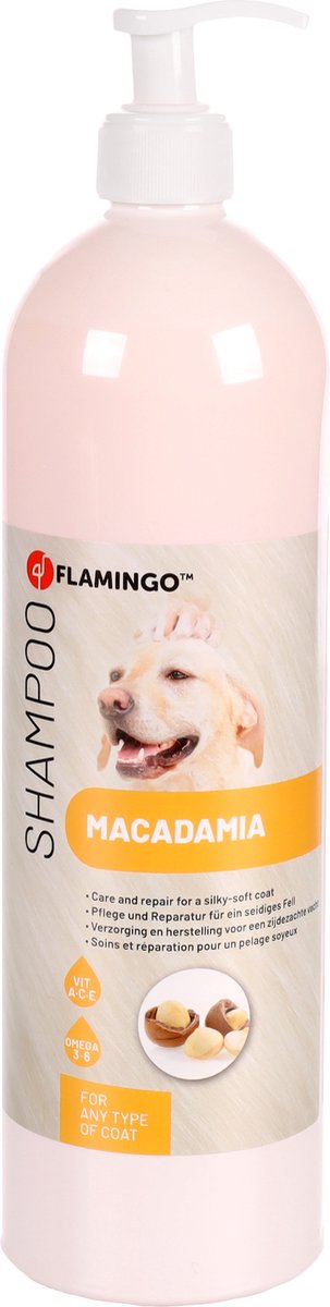 Flamingo Hundeshampoo Macadamia – 1l – für alle Felltypen geeignet – aufbauendes und feuchtigkeitsspendendes Hundeshampoo – Fellpflege