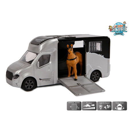 Kinderglobus Pferdetransporter aus Druckguss mit Licht und Ton, grau