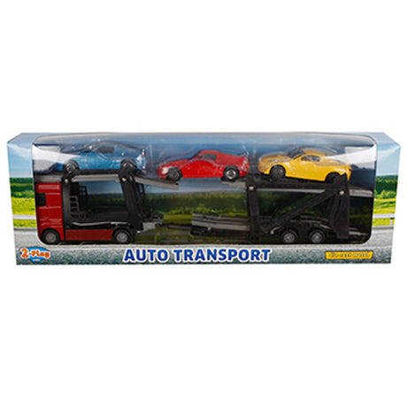 2-Play-Autotransporter aus Druckguss mit 3 Autos, 26 cm, mehrfarbig