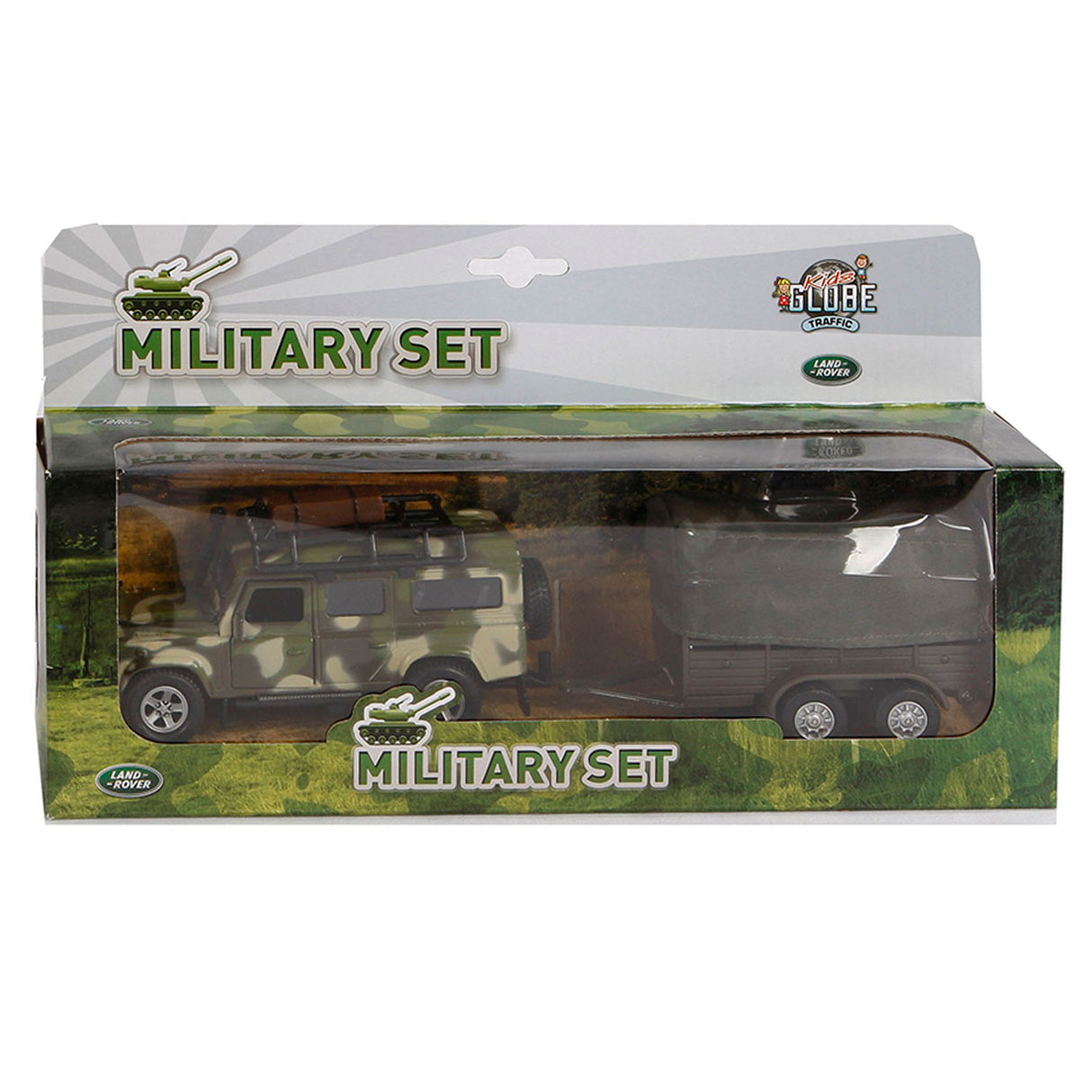 Kinderglobus Land Rover mit Anhänger, Militärdruckguss, 27 cm