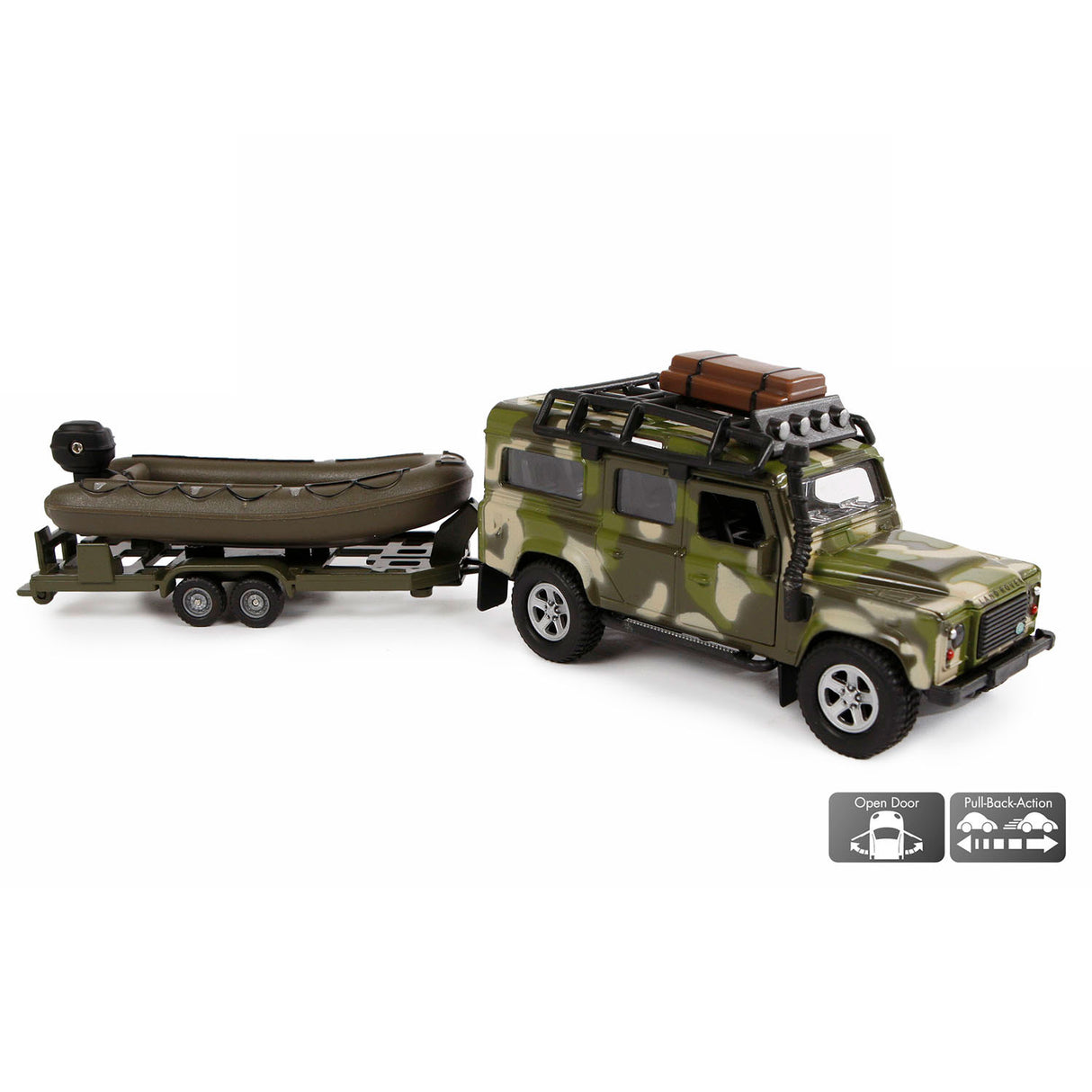 Kids Globe Globe Die Cast Land Rover mit Anhänger und Bootsarmee