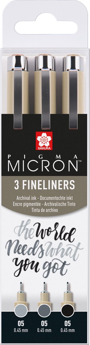 Sakura Pigma Micron 05 Fineliner-Set, 3 Stifte, schwarz-grau