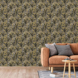 Niederländische Wandverkleidung Tapete Palmen Gold -geläutet und schwarz
