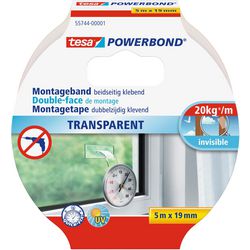 Tesa Powerbond Montageband, transparentes doppelseitiges Klebeband, stark selbstklebend – 5 m x 19 mm