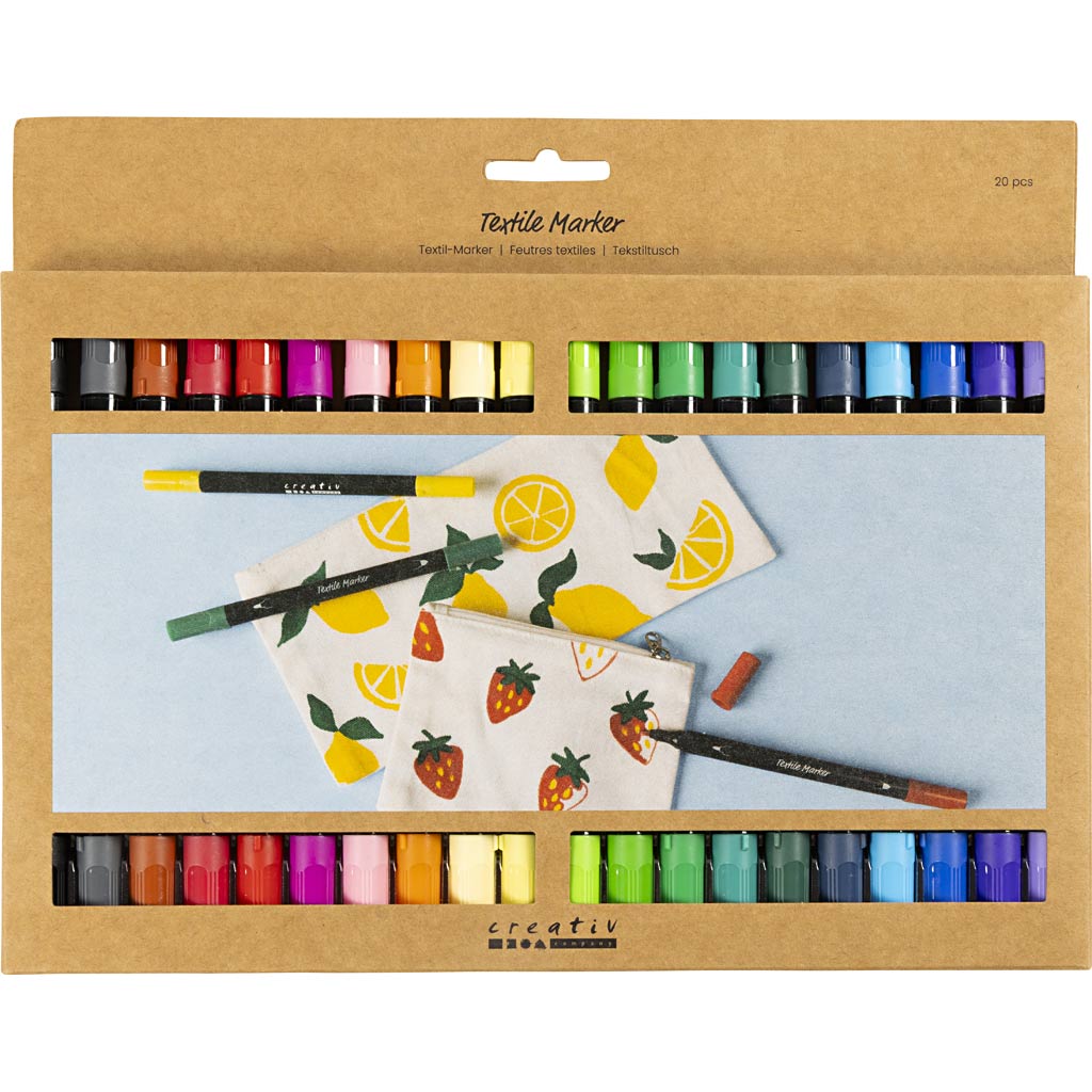 Creativ Company Textilmarker, Strichstärke 2,3 + 3,6 mm, Standardfarben, 20 Stück, 1 Box