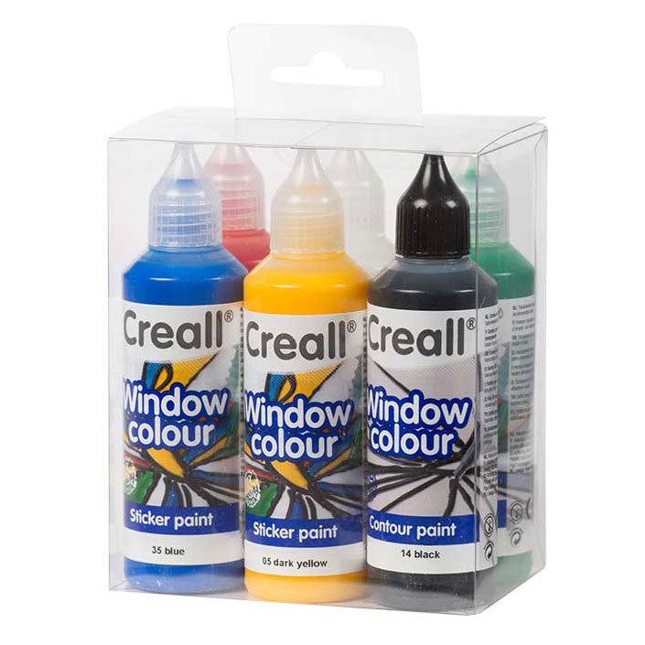 Creall-Aufkleberfarbe – Fensterfarbe – für ablösbare Kreationen auf glatten Oberflächen wie Fenstern oder Spiegeln – Set mit 6 Farben – 6 x 80-ml-Flaschen – glutenfrei – hergestellt in den Niederlanden