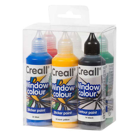 Creall-Aufkleberfarbe – Fensterfarbe – für ablösbare Kreationen auf glatten Oberflächen wie Fenstern oder Spiegeln – Set mit 6 Farben – 6 x 80-ml-Flaschen – glutenfrei – hergestellt in den Niederlanden