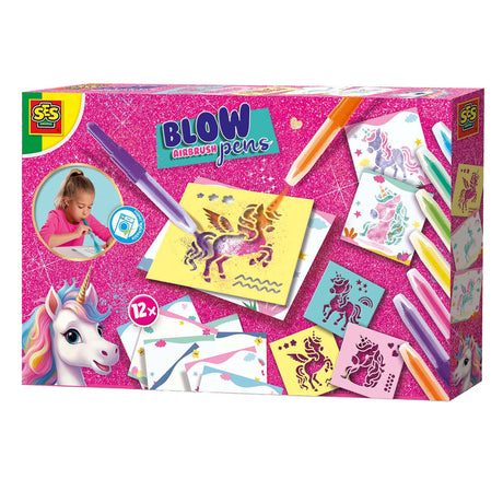 Ses creative – Einhorn – Airbrush-Stifte zum Blasen – Basteln für Mädchen – 12 Farbkarten – aus der Kleidung auswaschbar – ab 5 Jahren