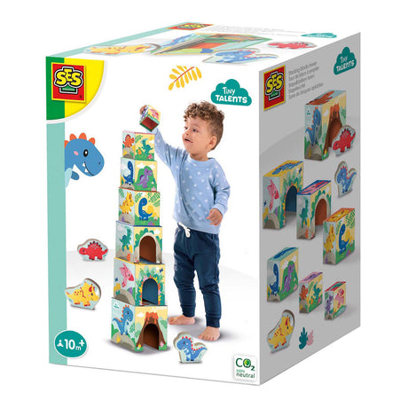 Sechs stapelbare Blocktürme mit Dino-Figuren
