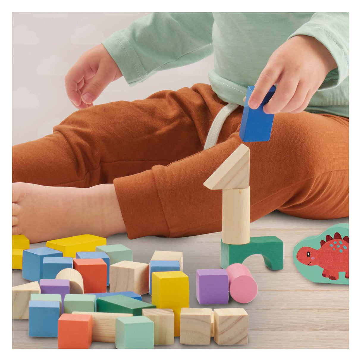 Sechs Holzbausteine ​​Dinosaurier, 50 Stück.