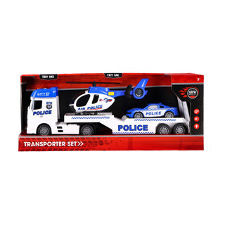 Rapid Wheels Polizeiautotransporter mit Auto und Hubschrauber mit Licht, Ton und Reibung