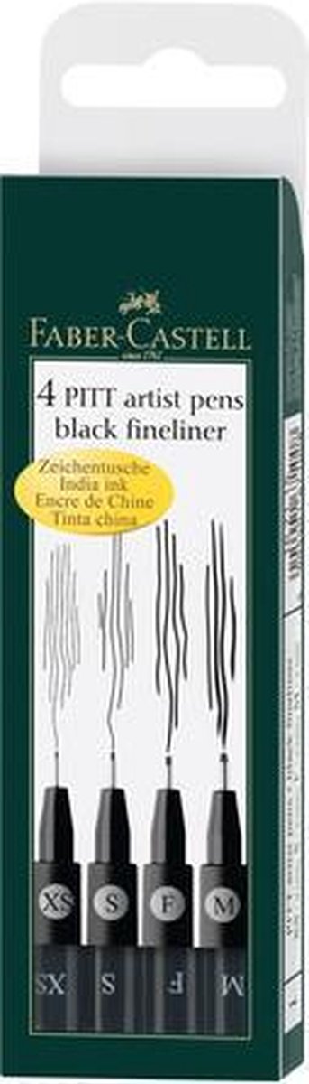 Faber-Castell Zeichenstift – Fineliner – Pitt Artist Pen – Etui 4 Stück M F S XS – Schwarz – FC-167115
