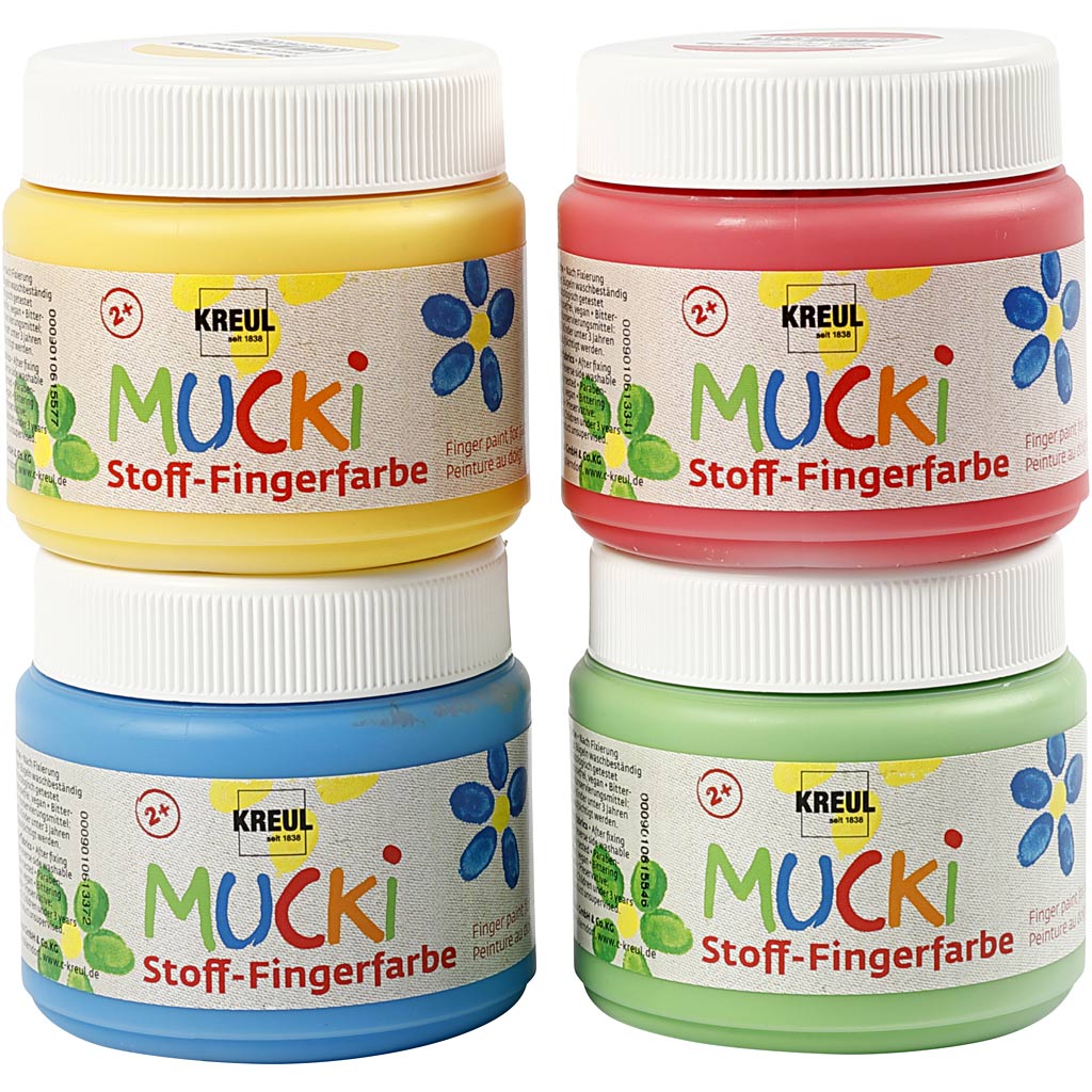 Creativ Company Muck Fingerfarbe, Blau, Grün, Rot, Gelb, 4x150 ml 1 Box