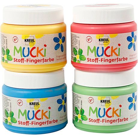 Mucki Textil-Fingerfarbe – 4 x 150 ml Fingerfarbe für Textilien – Farben Gelb, Rot, Blaugrün
