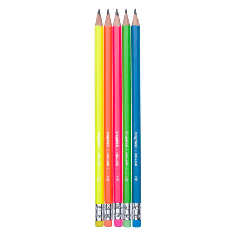 Bruynzeel Graphitstift-Set Neon, 5 HB-Bleistifte mit Radiergummi