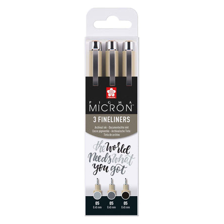 Sakura Pigma Micron 05 Fineliner-Set, 3 Stifte, schwarz-grau