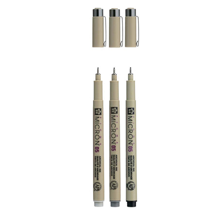Sakura Pigma Micron 05 Fineliner-Set, 3 Stifte, schwarz-grau