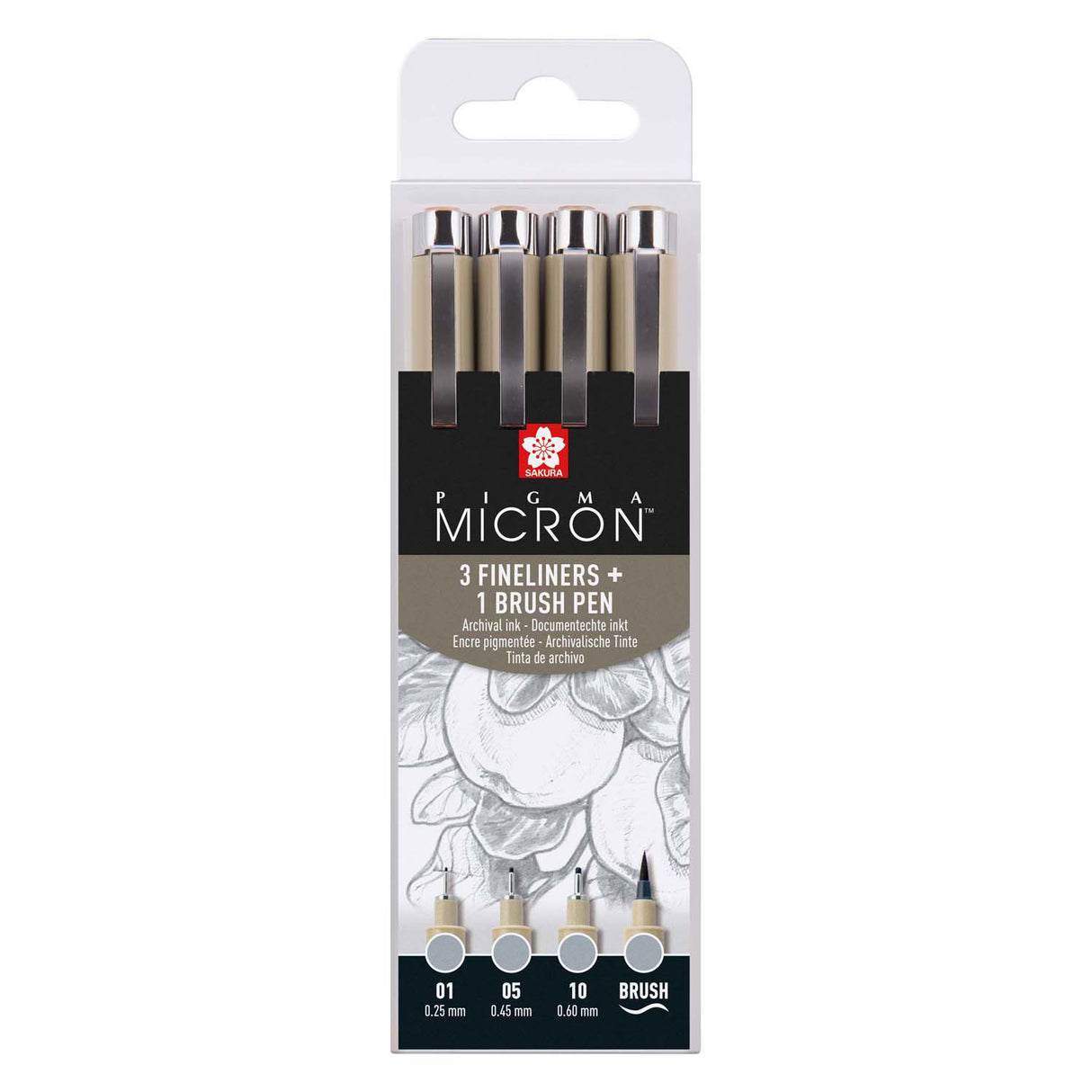 Sakura Pigma Micron Fineliner-Set, 4 Größen, helles kühles Grau