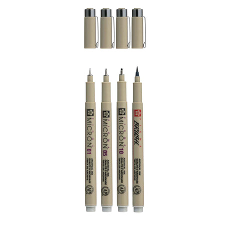 Sakura Pigma Micron Fineliner-Set, 4 Größen, helles kühles Grau