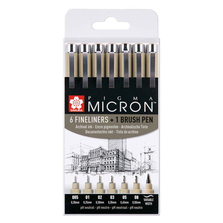 Sakura Pigma Micron Set mit 6 Finelinern und 1 Pigma-Pinsel