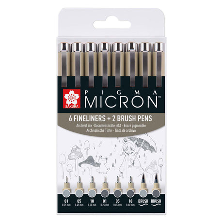 Sakura Pigma Micron Fineliner-Set mit 8 Stiften. (helles) kühles Grau