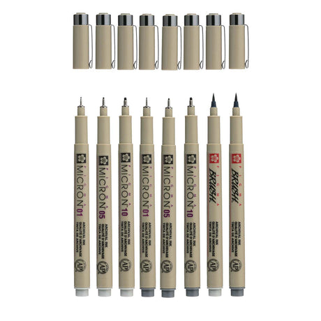 Sakura Pigma Micron Fineliner-Set mit 8 Stiften. (helles) kühles Grau