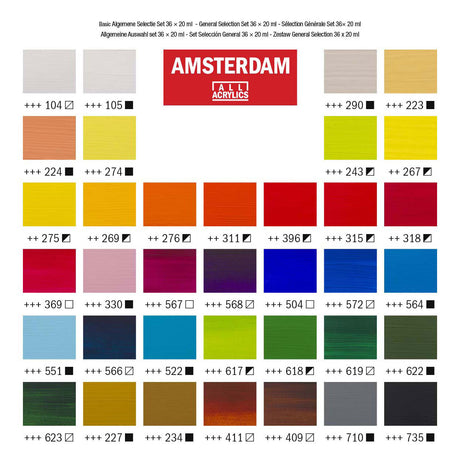 Bruynzeel Amsterdam Standard-Serie, allgemeines Auswahlset für Acrylfarben, 20 ml, 36 Stück.