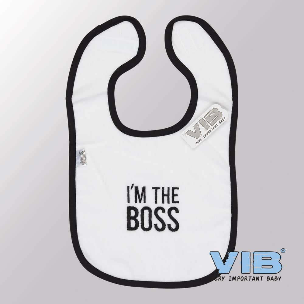 Van der Doelen Baby-Lätzchen Samt „I'm the Boss“ weiß