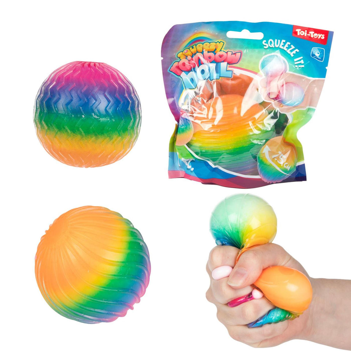 Toi-toys lustiger, strukturierter Quetschball aus geripptem Regenbogenschaumstoff, 7 cm