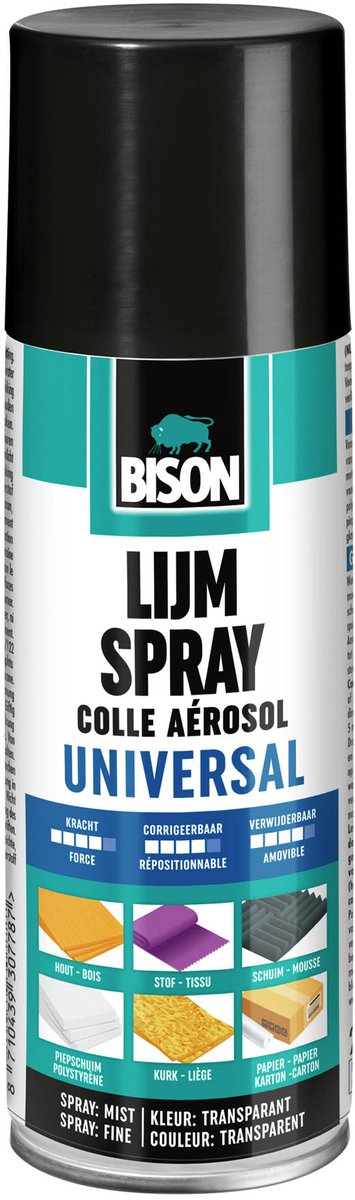 Bison Klebespray Universal-Sprühdose 200 ml – handliches Klebespray zum dauerhaften oder temporären Verkleben von Papier, Pappe, Fotos, Postern, Collagen, Metallfolien, Dämm- und Dekorationsmaterialien, Filz, Textilien und mehr