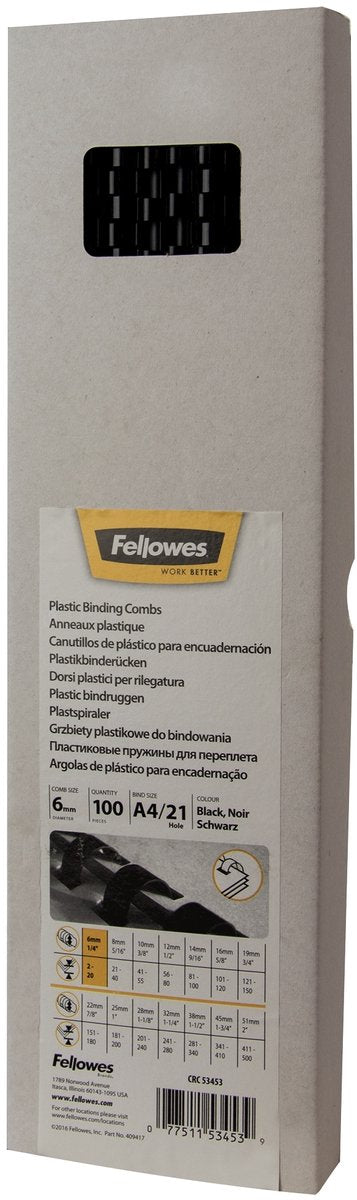 Fellowes Kunststoff-Binderücken – 6 mm – 21 Ringe – bis zu 20 Blatt – A4 – schwarz – 100 Stück
