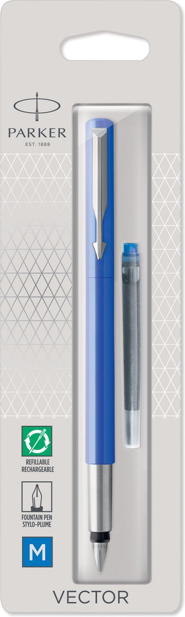 Parker Vektor-Füllfederhalter | blau mit Chrom-Finish | mittlerer Punkt | blaue Tinte | Aufhängelasche