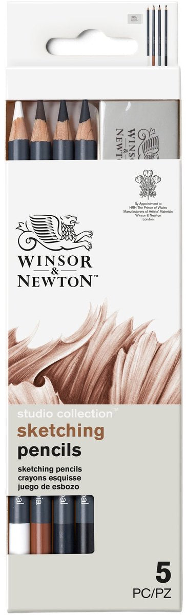 Winsor Newton 0490009 Studio Collection Skizzenstifte-Set x5 mit Radiergummi – Kohle-Sepia-Zeichenstifte zum Skizzieren