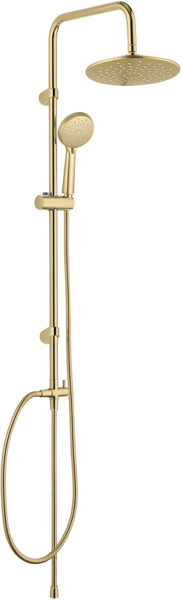 Wenko Duschset Young Line in Mattgold mit Regenbrause ø22cm, Edelstahl-Duschstange 100cm, Brausekopfhalter, Brausekopf ø10cm mit 3 Positionen und Brauseschlauch 150cm – Regenduschset – Duschsystem ohne Wasserhahn