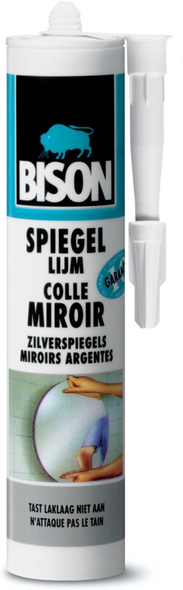 Bison Spiegelkleber Tube 425 g, für alle Oberflächen geeignet, greift den Lack nicht an, feuchtigkeitsbeständig, silberne Spiegel