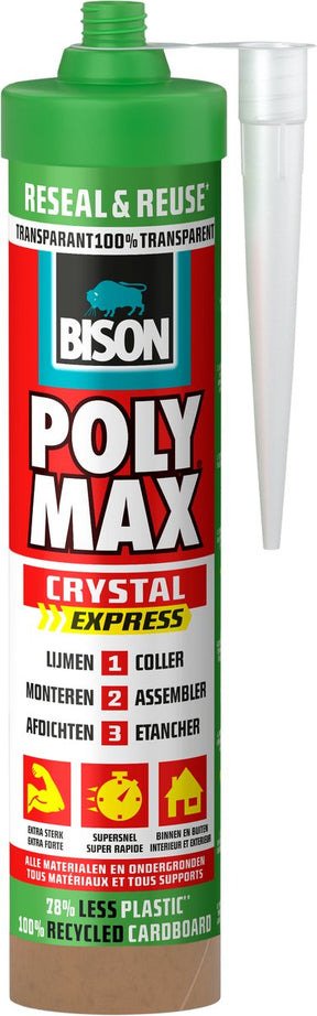 Bison poly max® crystal express koker transparant hersluitbaar - universele montage- en afdichtingskit - lijmen, monteren en afdichten