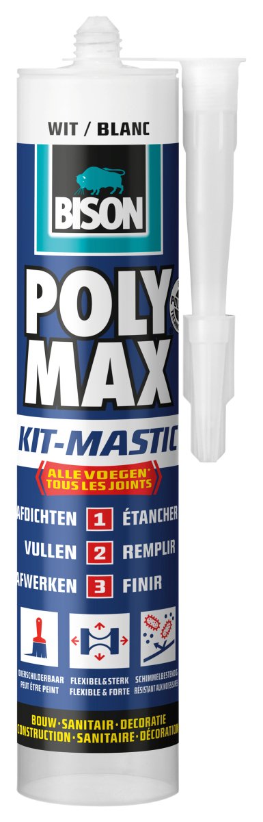 Bison Poly Max Kit weiß, Tube 280 ml, All-in-1-Set, wasserfester Verschluss, universell, innen und außen, überstreichbar, spachtelbar, schrumpffrei, temperaturbeständig von - 40 °C bis + 100 °C
