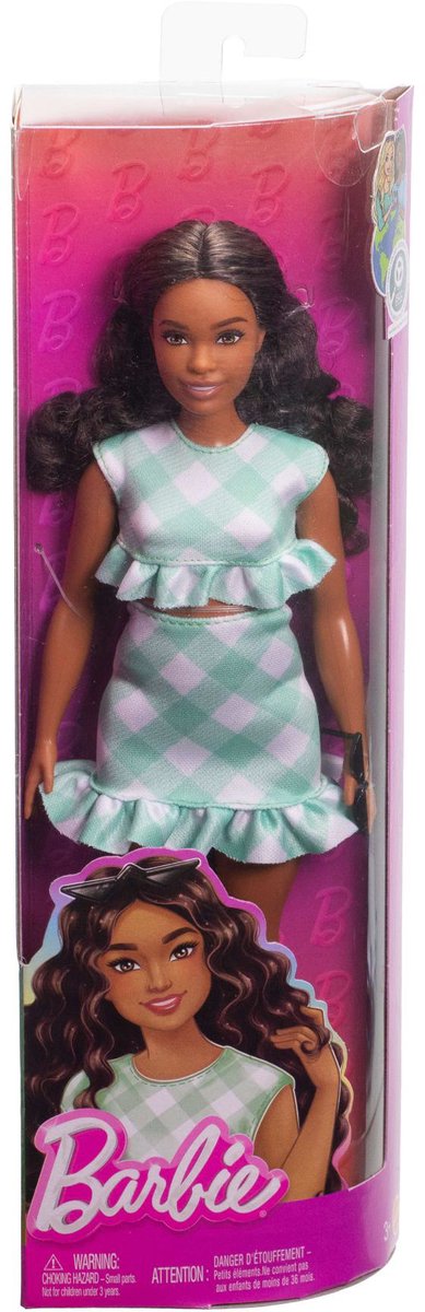 Barbie-Puppe – Puppe mit dunkelbraunen Haaren und grün kariertem Kleid – Modepuppe