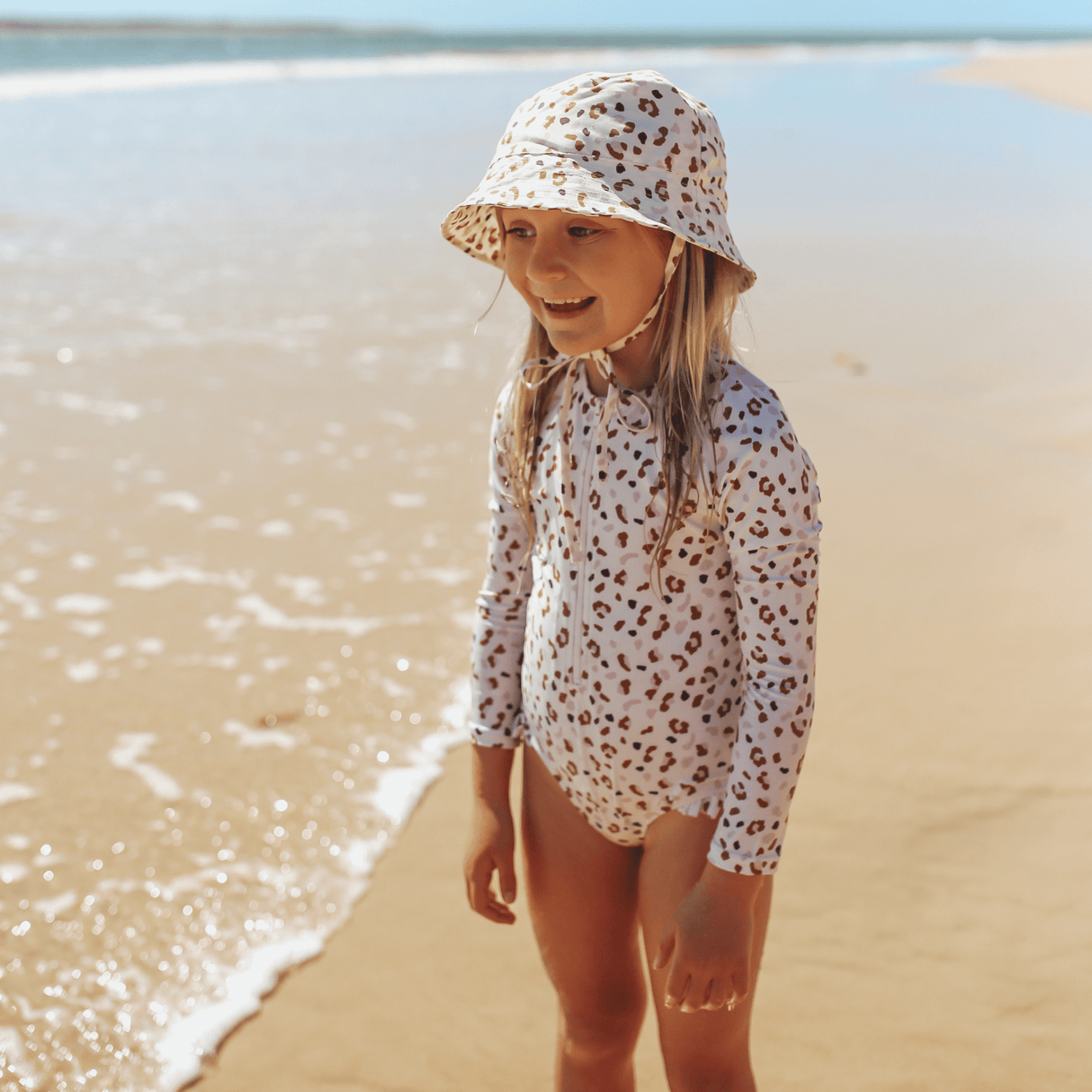 Leopard | Khakifarbener, langärmliger UV-Badeanzug für Mädchen