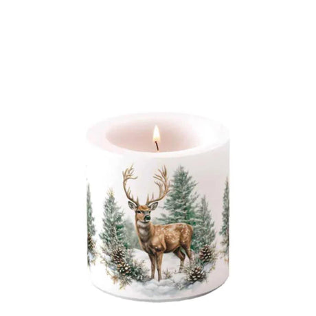 Ambiente kaars small winter stag white dia,7,5x9cm parafine