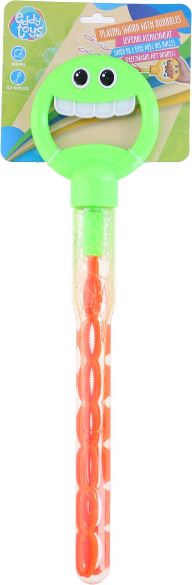 Eddy Toys Bubble Stick Smiley-Blasenbläser – Fassungsvermögen 280 ml – 32 Löcher für zusätzliche Blasen – Kunststoff – ideal für Spielspaß im Freien – Größe 44 x 11 x 4 cm – rot-gelb