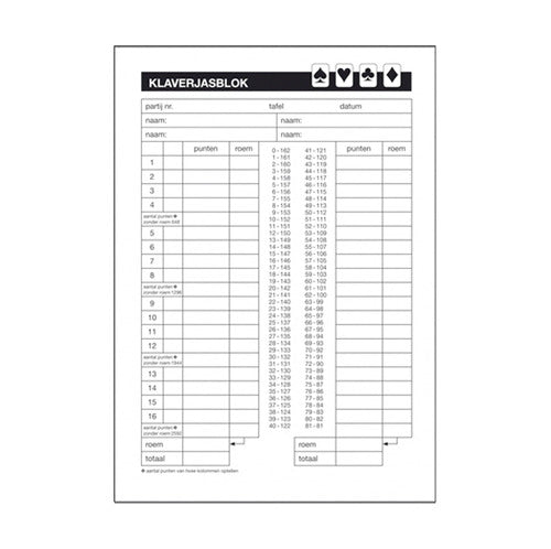 Basis-Bewertungsblock Klaverjacks 5, Block mit 50 Blatt