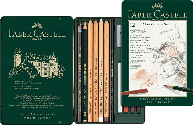 Faber-Castell FC-112975 Pitt Monochrom-Set, Faber-Castell, 12-teilig, mittelgroß