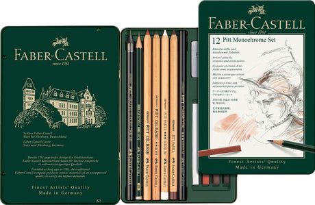 Faber-Castell FC-112975 Pitt Monochrom-Set, Faber-Castell, 12-teilig, mittelgroß