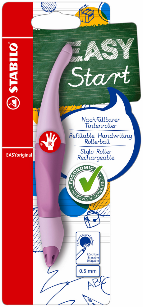 Stabilo Easyorginial ergonomischer Tintenroller – Rechtshänder – blaue Tinte – nachfüllbar – Pastell-Flieder-Rouge