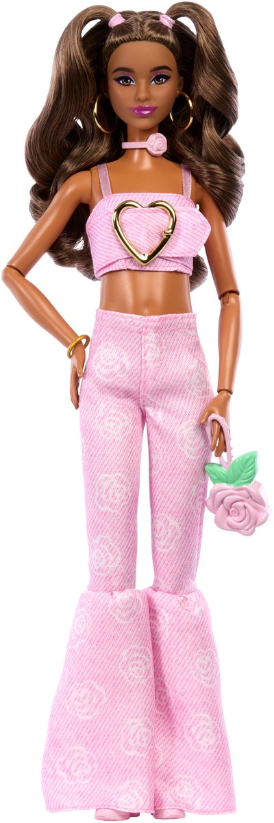 Barbie im Deluxe-Stil – rosa Jeans-Crop-Top und braunes Haar – Modepuppe
