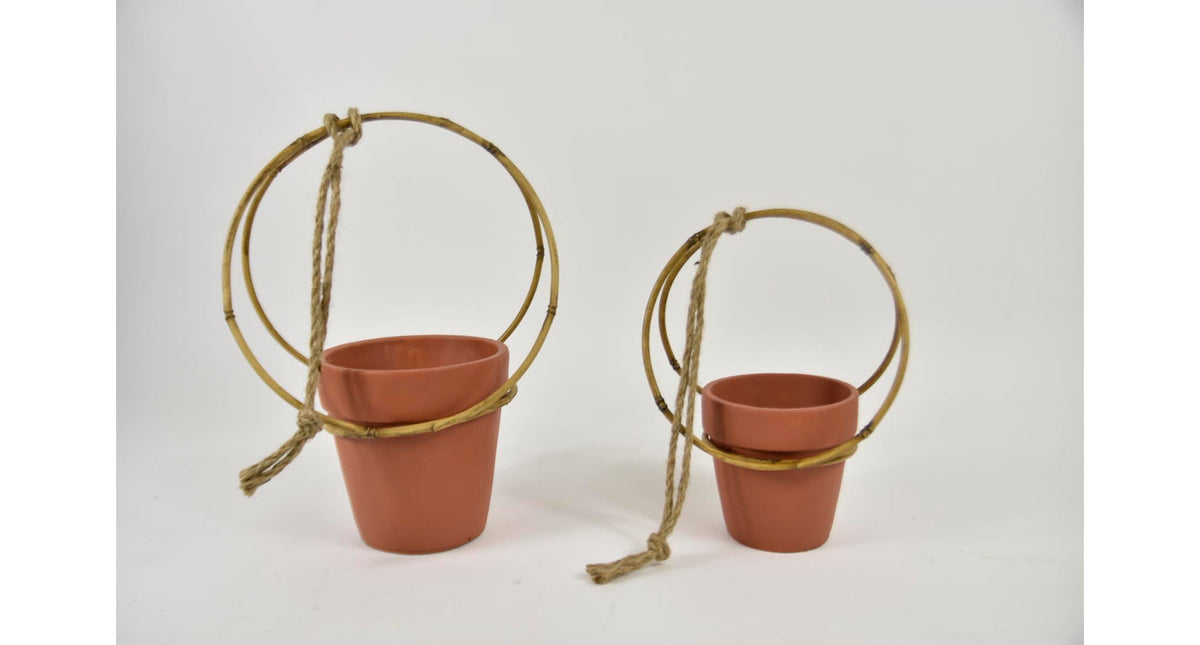 Hanging flower pot, metal bamboo s 2 36cm natural terracott